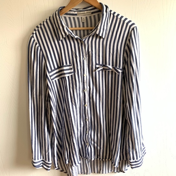 Navy blue and white stripped button down shirt with faux shell buttons. - Picture 1 of 8